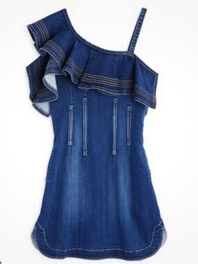 Habitual Denim One-Shoulder Ruffle Mini Dress Size 12 Girls